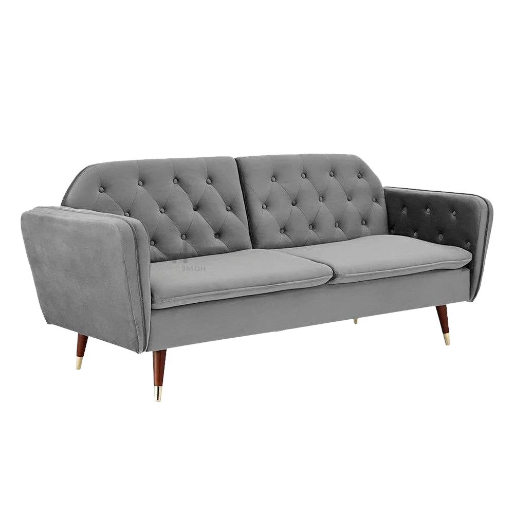 Whitby Velvet Sofa Bed Chesterfield Design With Metal Tipped Wooden Legs, Grey Velvet