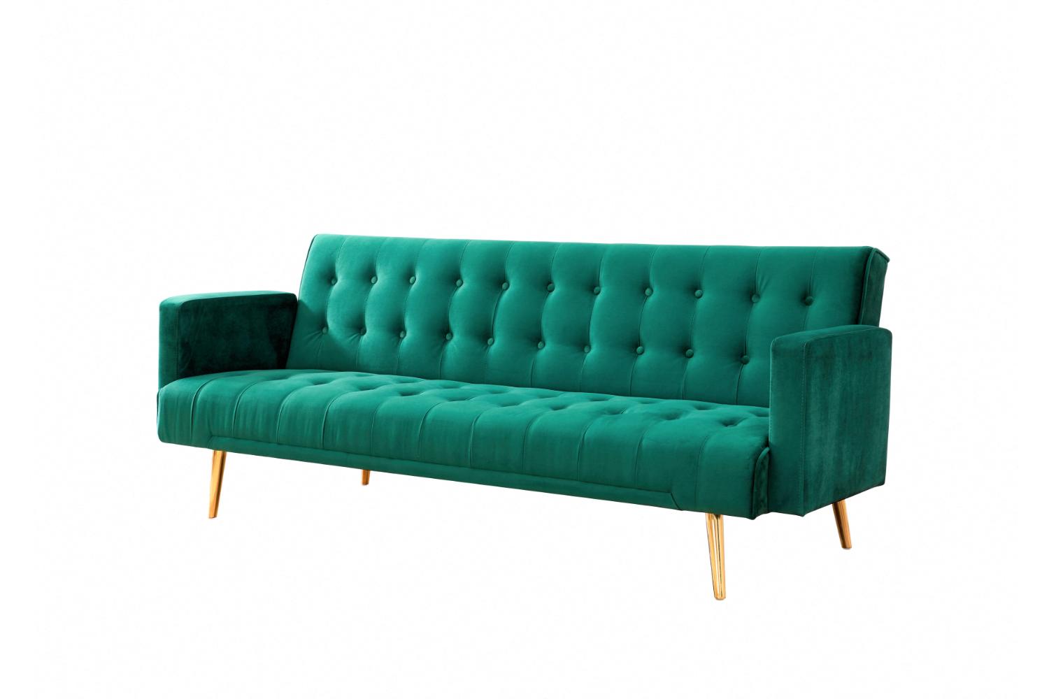 Windsor Velvet Sofa Bed With Gold Legs, Green Velvet