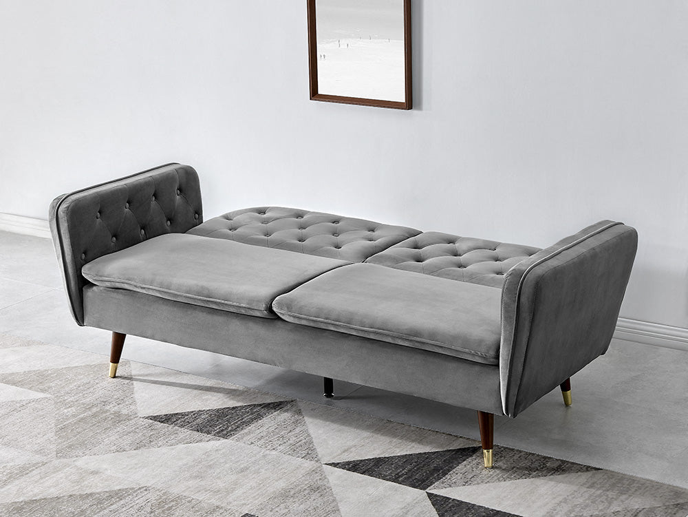 Whitby Velvet Sofa Bed Chesterfield Design With Metal Tipped Wooden Legs, Grey Velvet