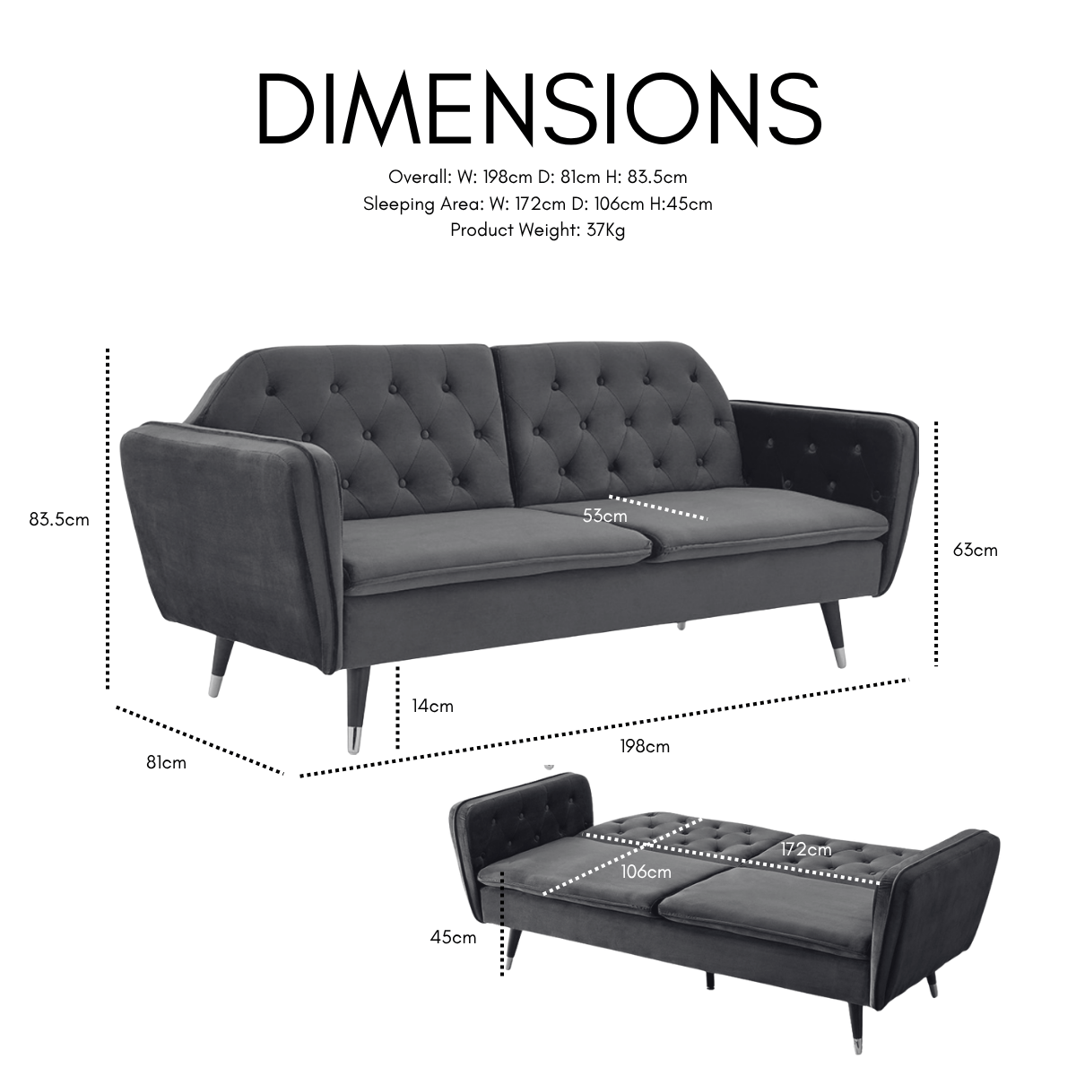 Whitby Velvet Sofa Bed Chesterfield Design With Metal Tipped Wooden Legs, Grey Velvet