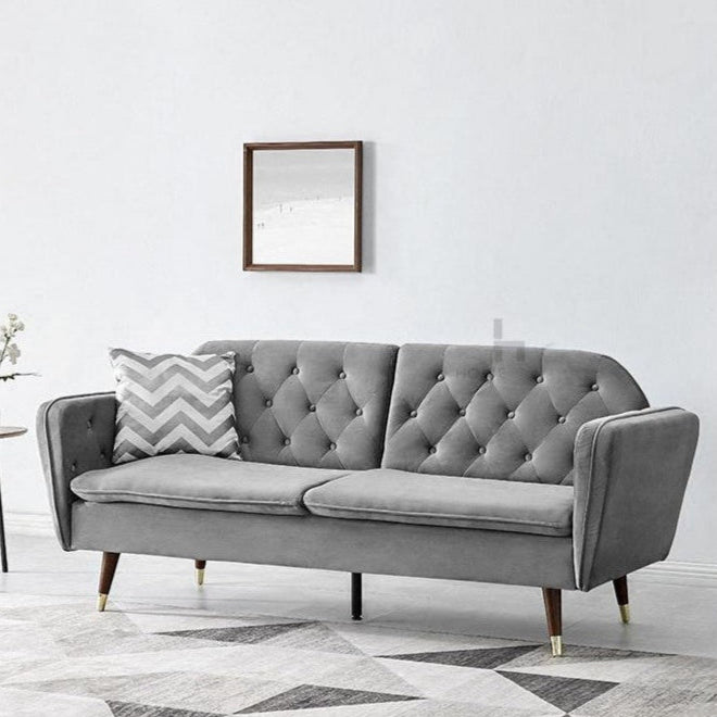 Whitby Velvet Sofa Bed Chesterfield Design With Metal Tipped Wooden Legs, Grey Velvet