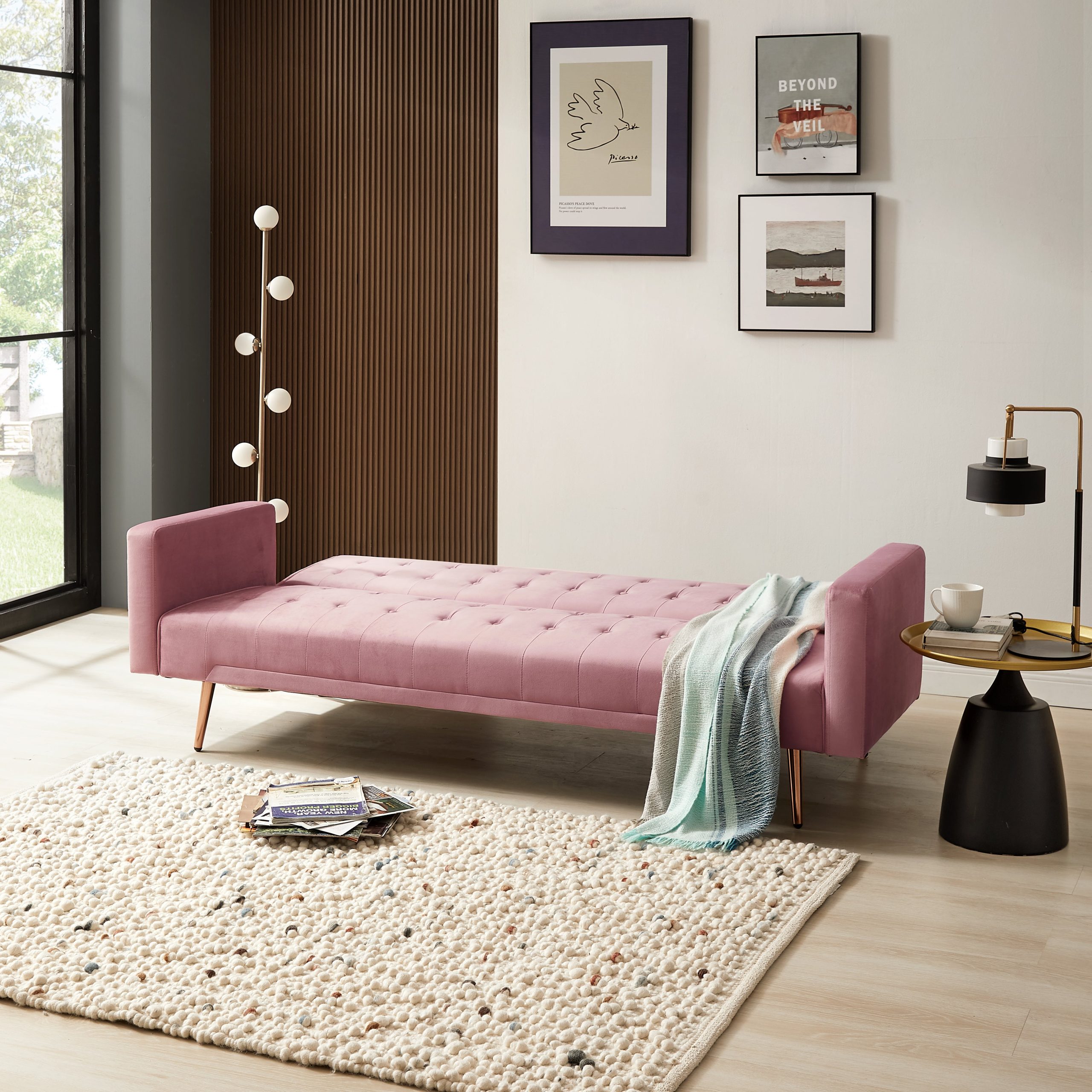 Windsor Velvet Sofa Bed With Rose Gold Legs, Pink Velvet