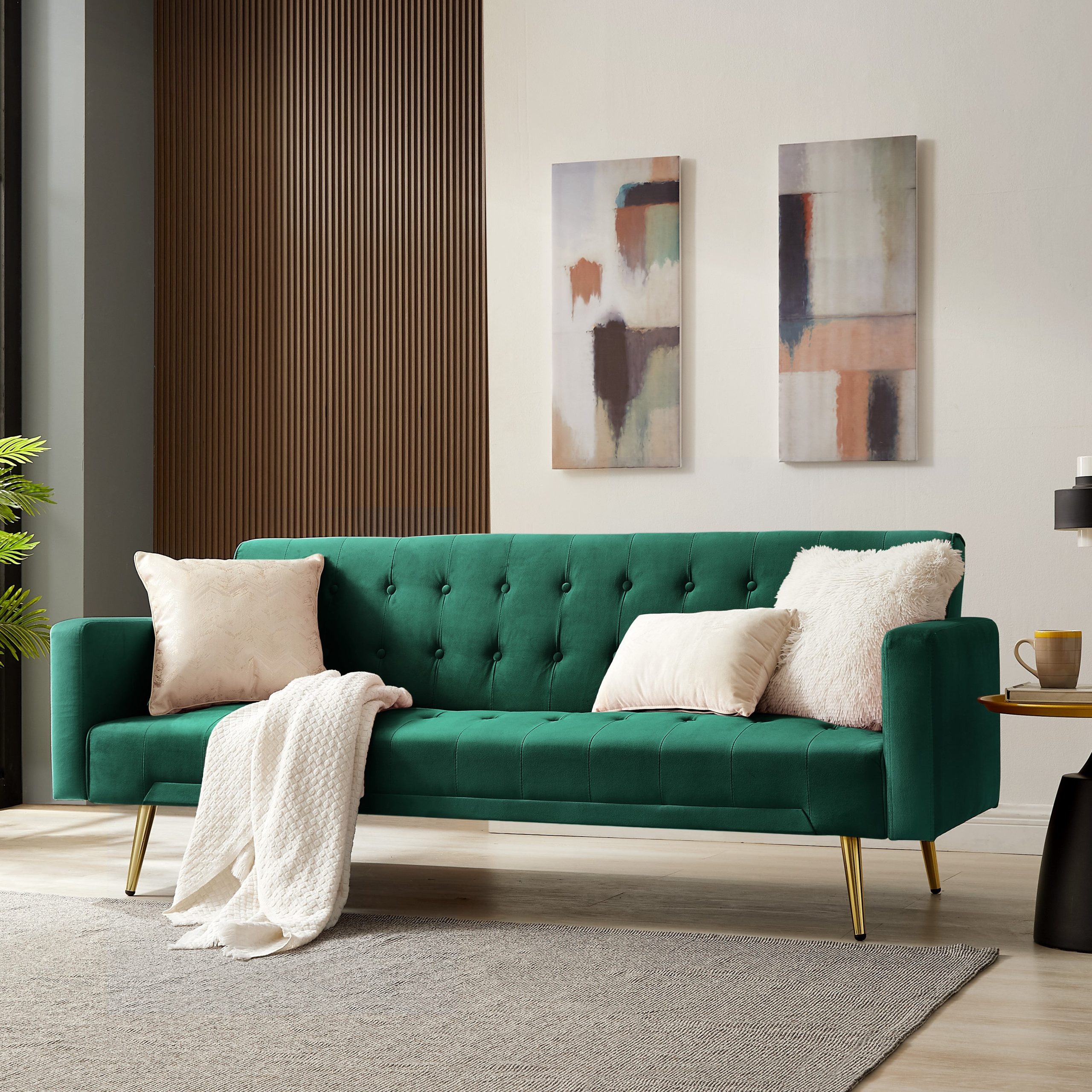 Windsor Velvet Sofa Bed With Gold Legs, Green Velvet